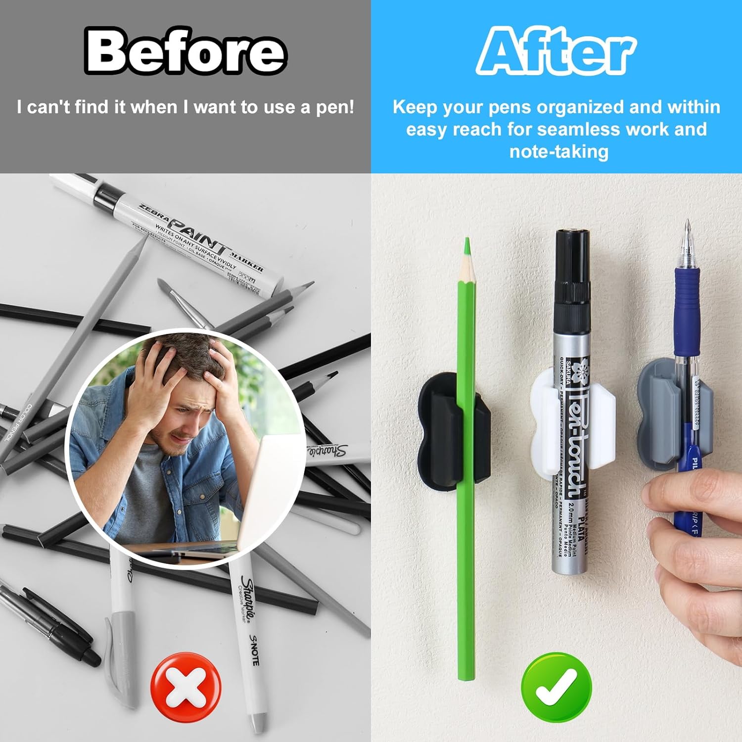 6 Pack Adhesive Pencil Pen Holder for Desk & Wall