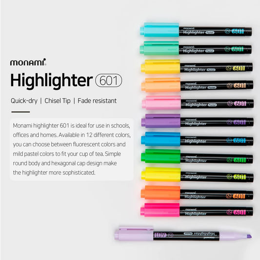 MONAMI Highlighter 601 Pastel,Chisel Tip,Assorted Colors,4-Pack