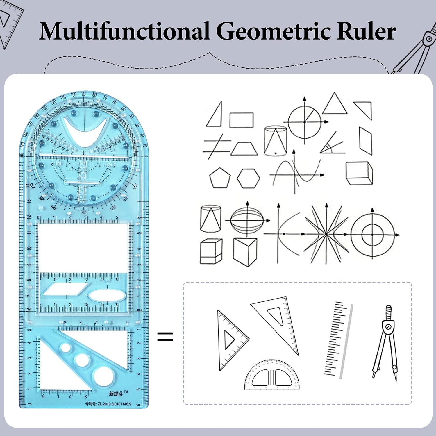 2PCS Multifunctional Geometric Ruler,Drawing Template Measuring Tool