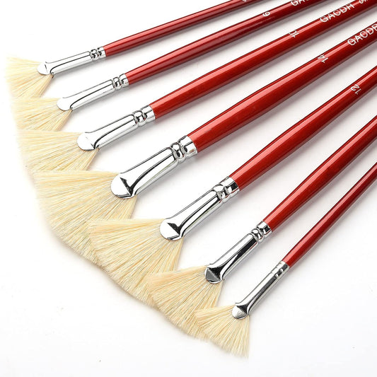 7Pcs Fan Artist Brushes with Hog Bristle Natural Hair Long Wood Handle