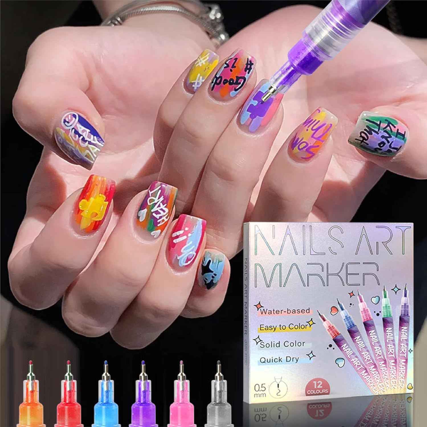 12 Colors 3D Nail Art Marker Pens Set 0.5mm