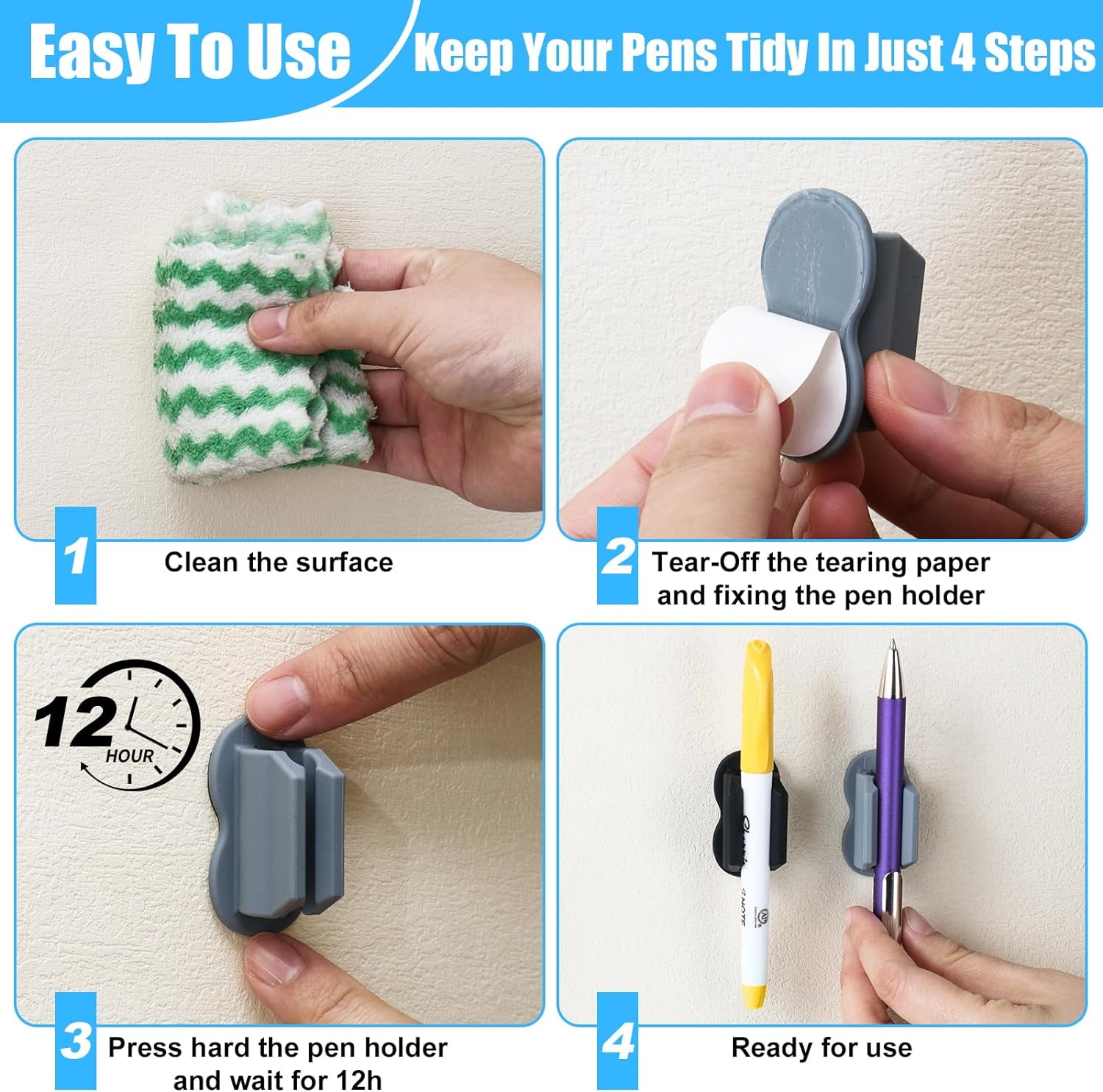6 Pack Adhesive Pencil Pen Holder for Desk & Wall