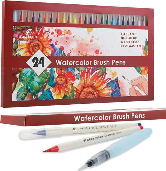 MAIKEDEPOT 24 Colors Watercolor Brush Pens with 1 Blending Brush