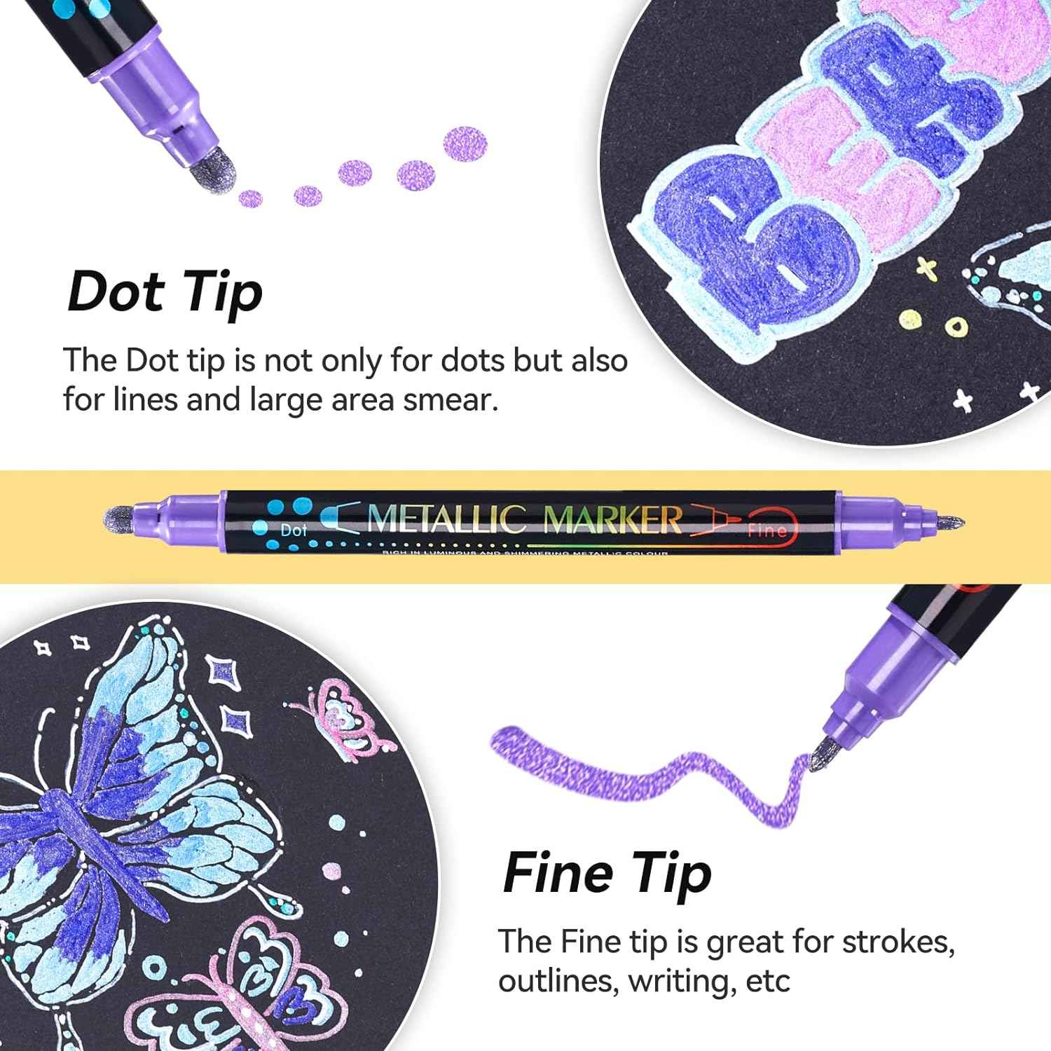 Guangna 12 Colors Metallic Paint Twin Marker Pens with Dot and Fine Tip - TTpen