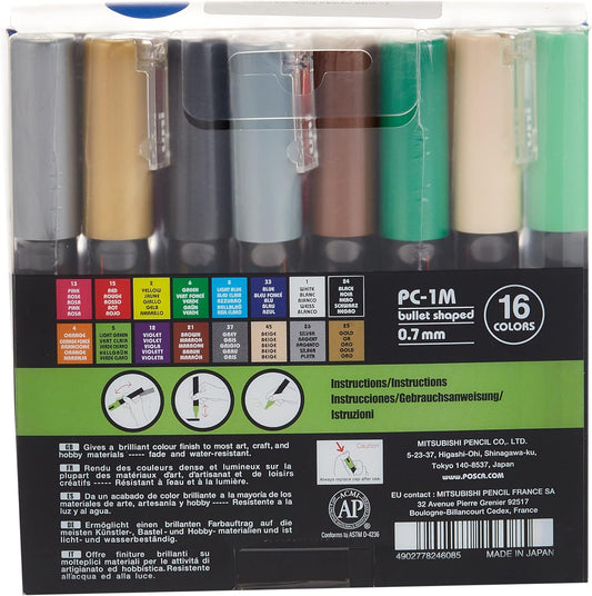 UNI POSCA PC-1M Acrylic Paint Markers,0.7mm Extra Fine Tip,16 Color