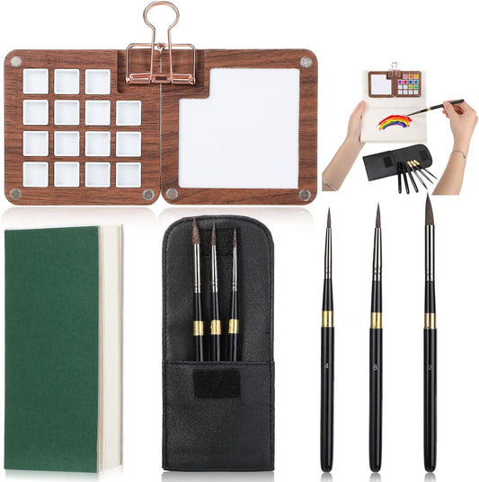 7Pcs Portable Watercolor Palette with Clip Sketchbook Paint Brushes 15 Color