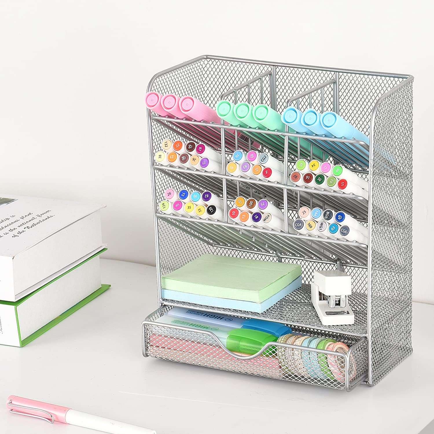 Metal Pen Holder Desk Organizer with 10 Compartments and 1 Drawer