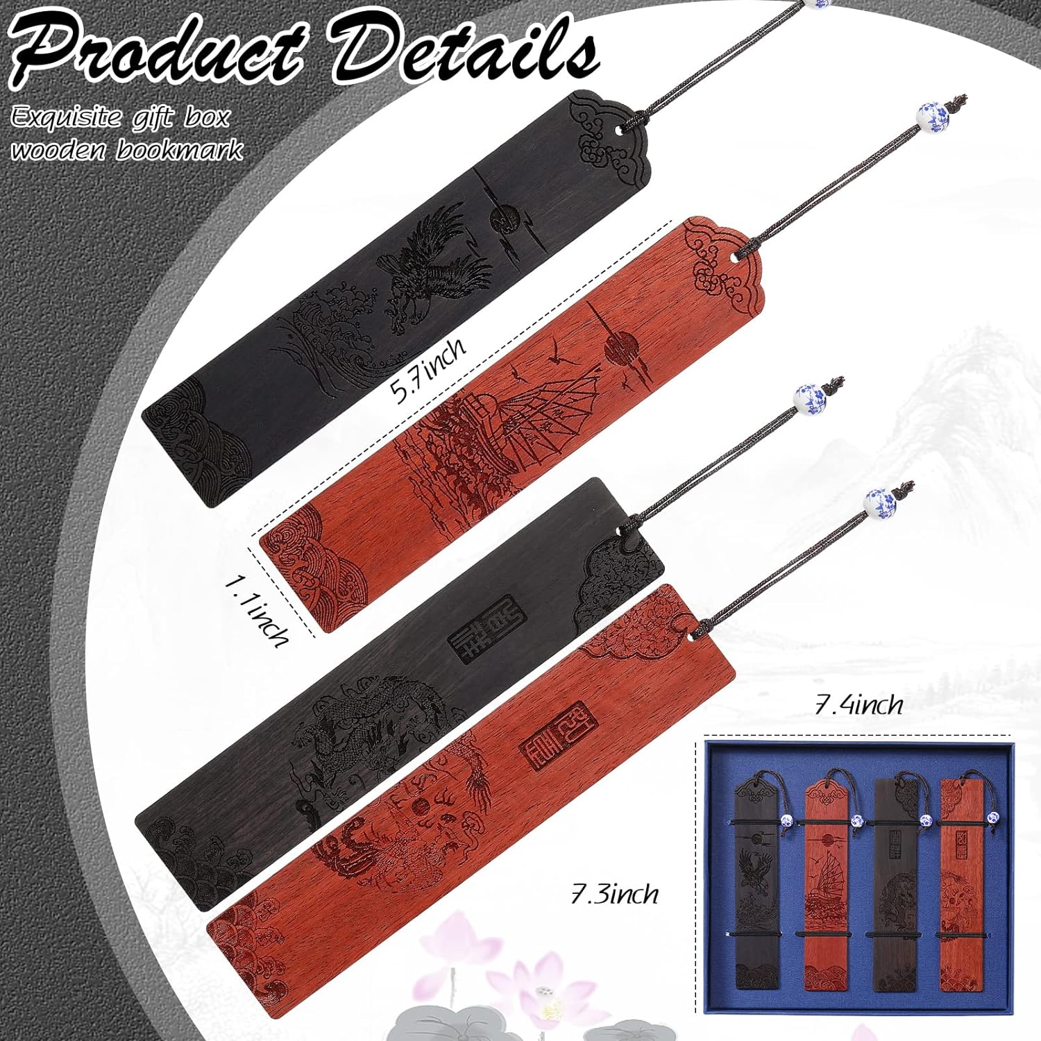 4pcs Wooden Bookmark Gift Box Elegant Style