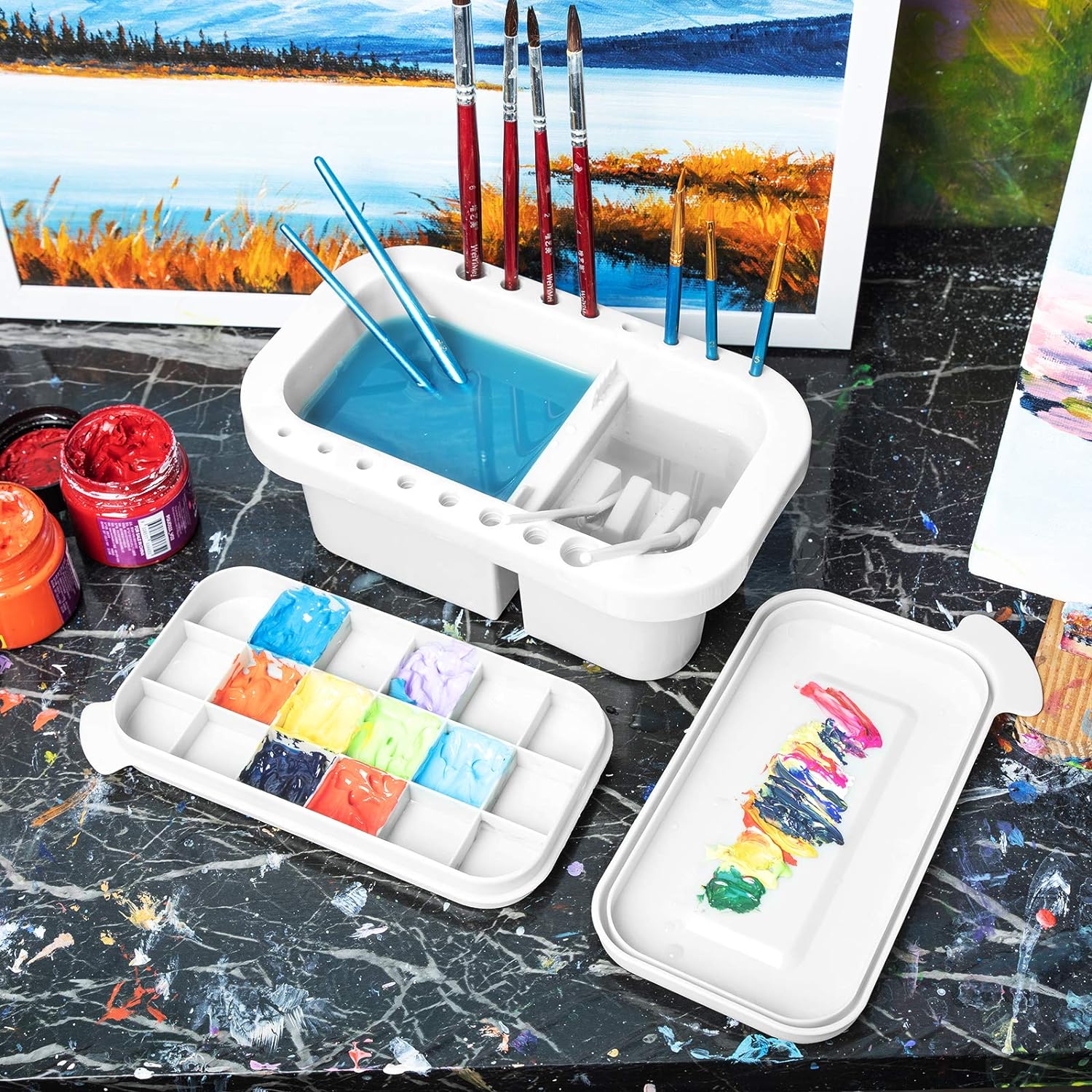 MyLifeUNIT Paint Brush Cleaner, Paint Brush Holder and Organizers with Palette for Acrylic, Watercolor, and Water-Based Paints (Grey)
