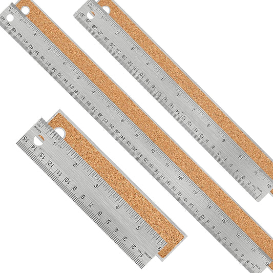 3PCS Stainless Steel Metal Ruler with Cork Backing 6/12/18 Inch