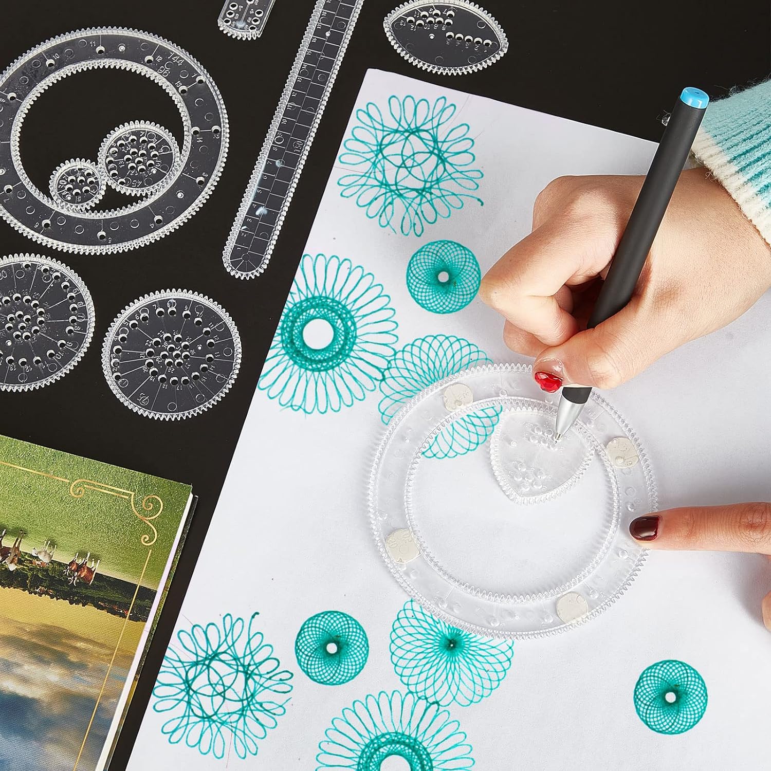 Spiral Art Gear Drawing Circle Template with Pen Paper Ruler