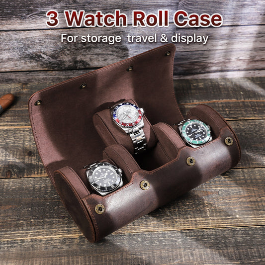 Leather Watch Roll Up Case 3 Slots Storage Box