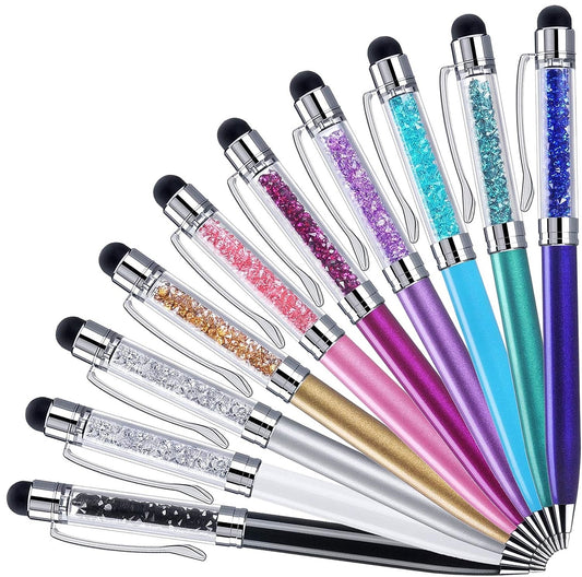 2in1 Crystal Stylus Ballpoint Pens,Medium Point Black Ink 10 Pack