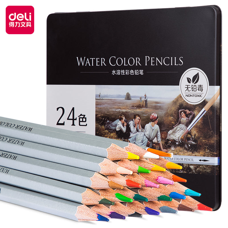 DELI Watercolor Pencils,24/36/48/72 Colors Tin Box with Paint Brush