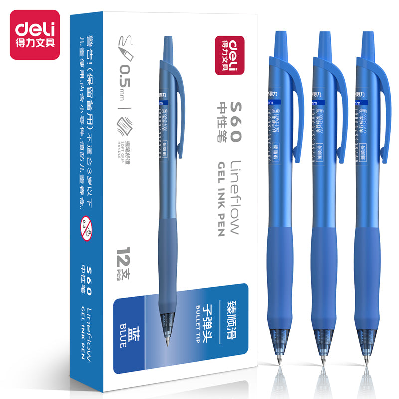 DELI S60 Retractable Lineflow Gel Pen 0.5mm Fine Point,12 Count