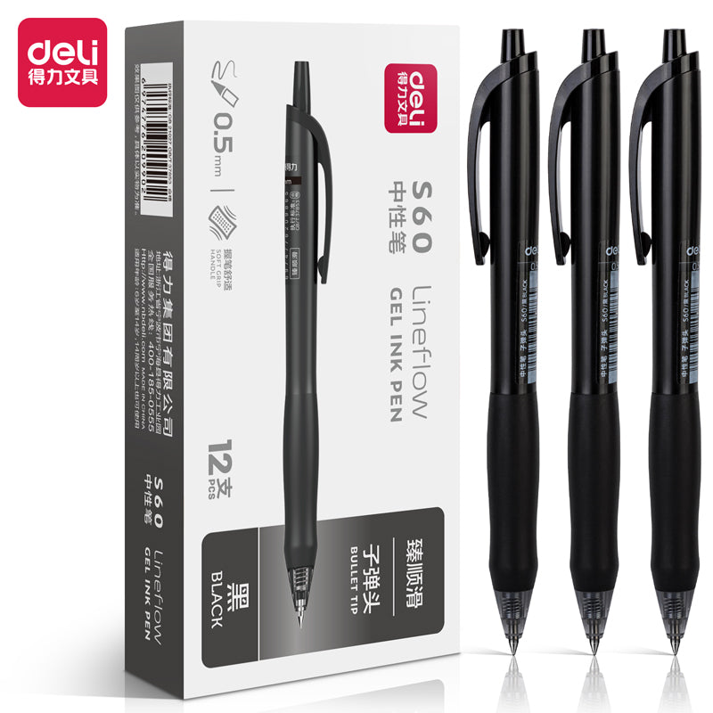 DELI S60 Retractable Lineflow Gel Pen 0.5mm Fine Point,12 Count