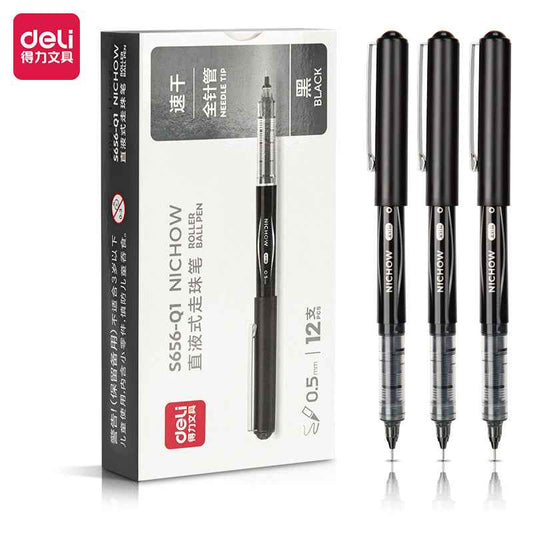 DELI NICHOW Liquid Black Ink Rollerball Pens 0.5mm Needle Tip 12 Pack - TTpen