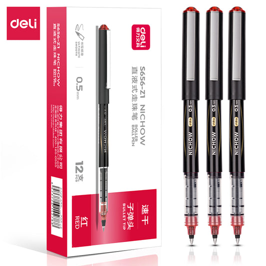 DELI Black Blue Red Liquid Ink Rollerball Pens 0.5mm Needle Tip 12 Pack