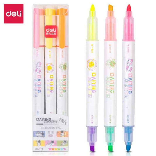 DELI S749 Dual-Tip Highlighter,Chisel Tip,6 Assorted Colors,3 Pack - TTpen