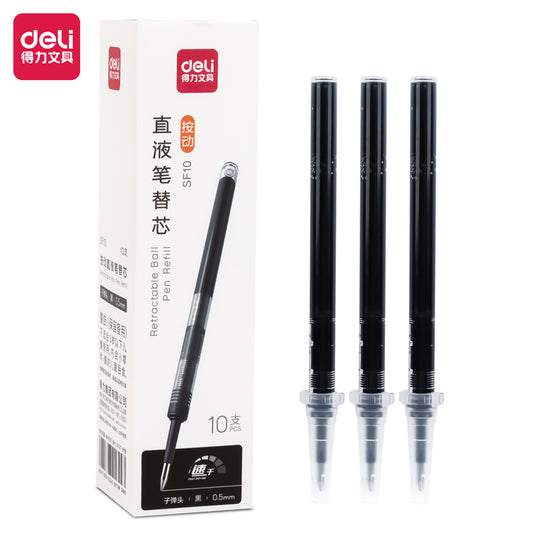 DELI SF10 Liquid Black Ink Retractable Rollerball Pen Refills,0.5mm Fine Point,10 Refills