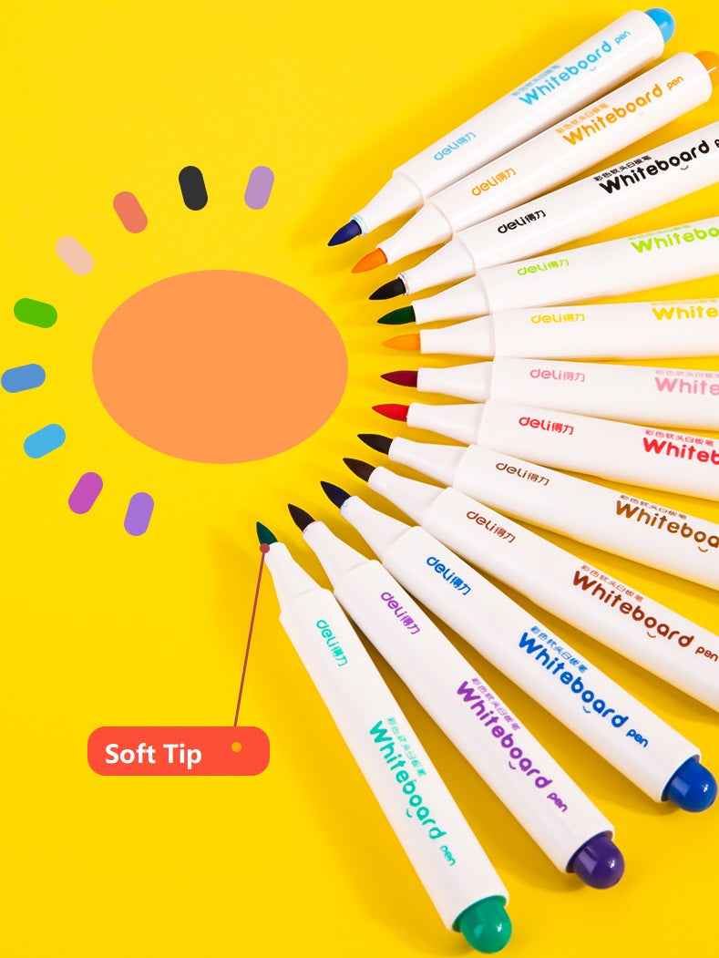 DELI 12 Color Whiteboard Dry Erase Markers Soft Tip for School Fridge Office - TTpen