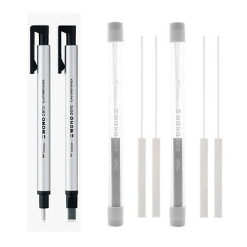 Tombow Mono Zero Pen-Style Eraser Set (Round Rectangle Tip & 4 Refills) Silver