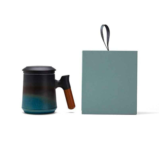 Gradient Tea Cup Mug with Infuser and Lid, 14.5oz Wood Handle
