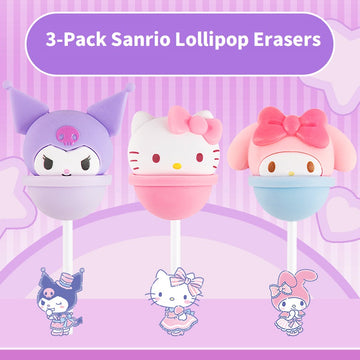 Guangbo Lot de 3 gommes sucette Sanrio - My Melody, Kuromi, Hello Kitty