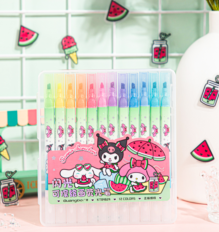 Guangbo Sanrio 12-Color Dual-Tip Erasable Glitter Highlighters