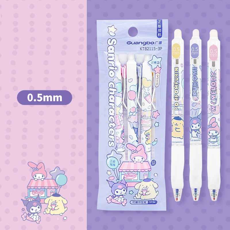 Guangbo Sanrio Erasable Gel Pen Set – 0.5mm Blue Ink, 3-Pack