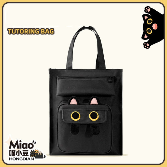 HongDian Embroidered Cat Study Bag Large Capacity Canvas Art Bag for Students