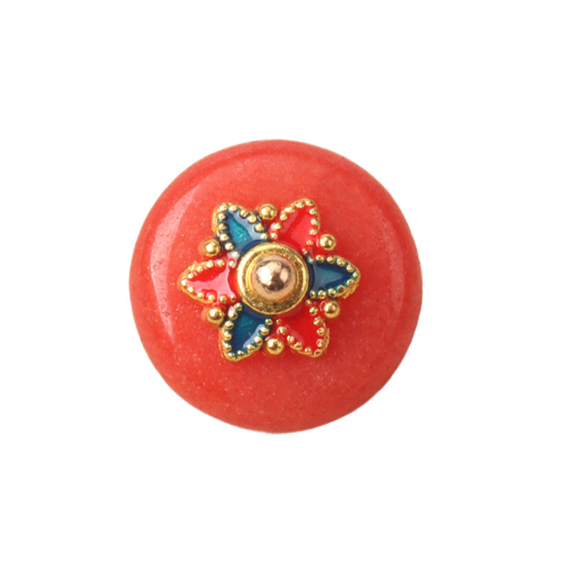 紅牡丹⭐ 12mm Orange Red Jade Buttons with Golden Flower Shanks for Chinese Shi