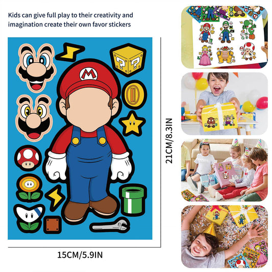 32 Sheets Super Mario Bros Make a Face DIY Stickers for Kids