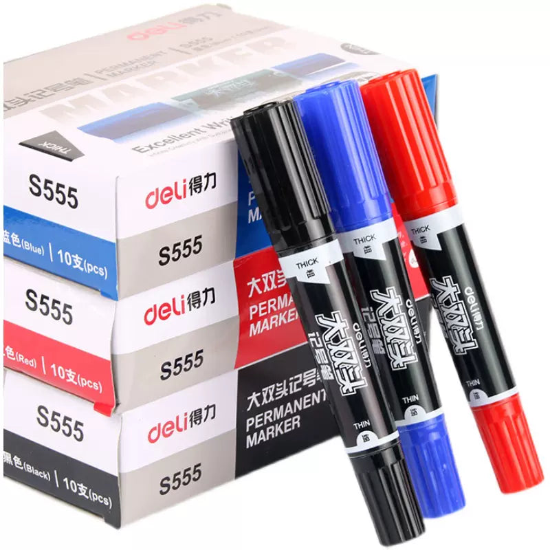 Deli S555 Permanent Marker Black Blue Red 10 Pack
