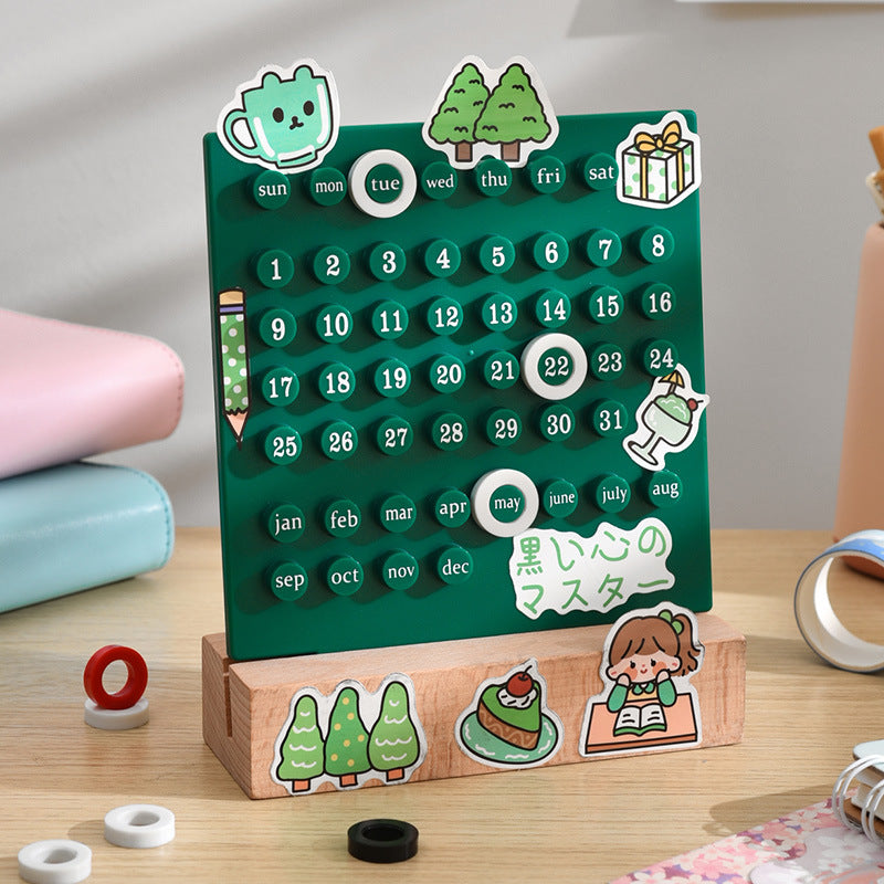 Wooden Desk Ring Perpetual Planner Calendar Green