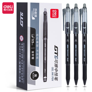 DELI Erasable Retractable Gel Pens,Fine Point,Black Ink,12-Pack Black
