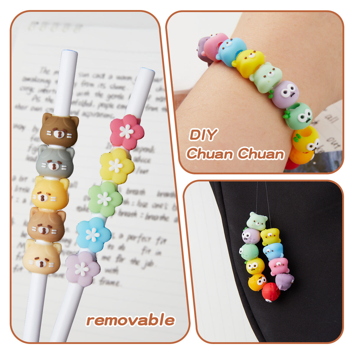 Cute Cartoon Click Gel Pen 0.5mm with Removable Beads 8 Pack