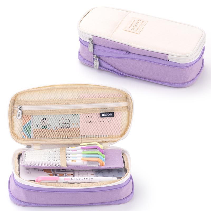 ANGOO Pencil Case Large Capacity Portable Multifunction Pen Bag Purple