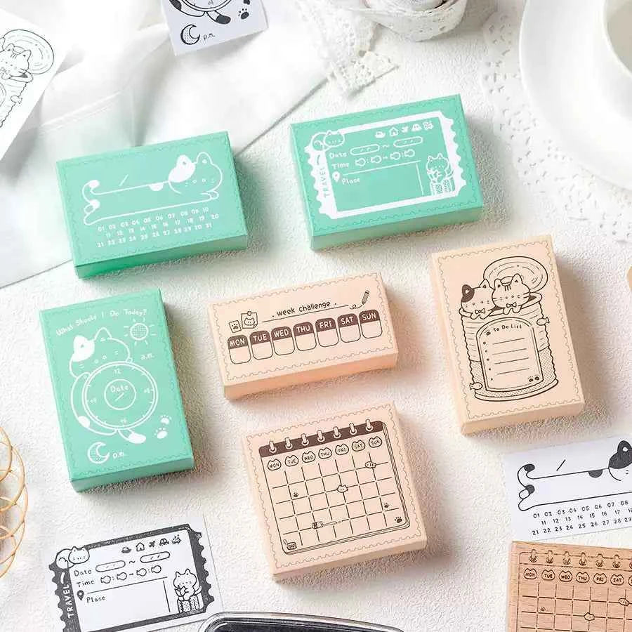 Wooden Time Planning Table Stamps Cat Memo 6 Pack
