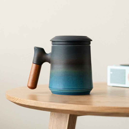 Gradient Tea Cup Mug with Infuser and Lid, 14.5oz Wood Handle
