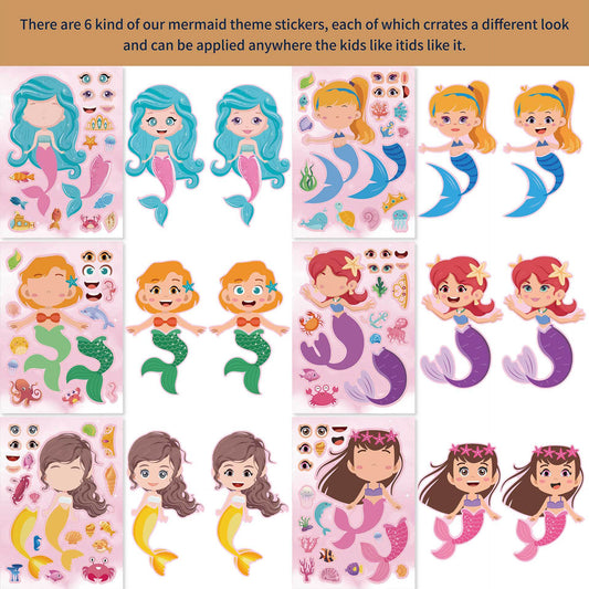 24 Sheets Mermaid Make a Face Sticker Sheets for Kids Girls