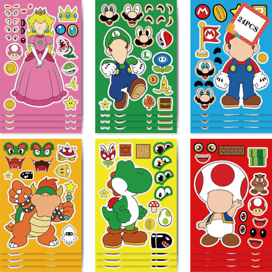 24 Sheets Super Mario Bros Make a Face DIY Stickers for Kids