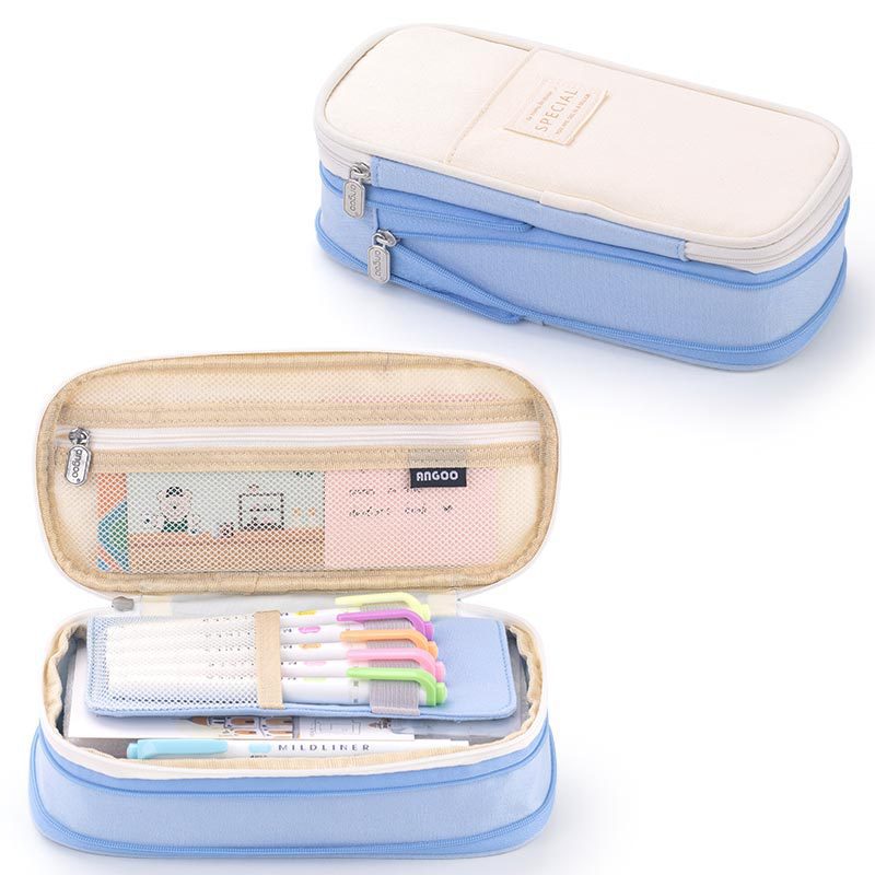 ANGOO Pencil Case Large Capacity Portable Multifunction Pen Bag Light Blue