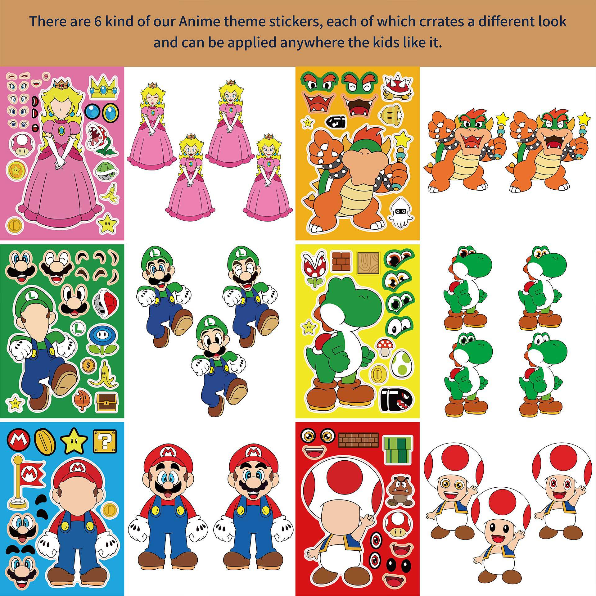 24 Sheets Super Mario Bros Make a Face DIY Stickers for Kids