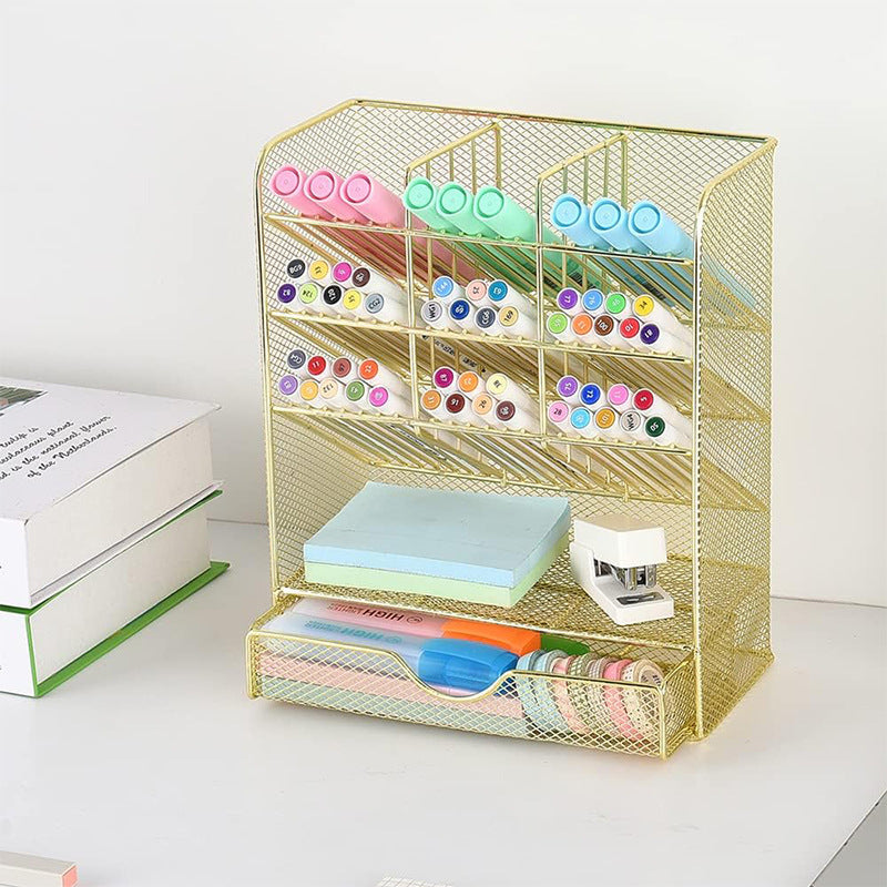 Metal Pen Holder Desk Organizer with 10 Compartments and 1 Drawer