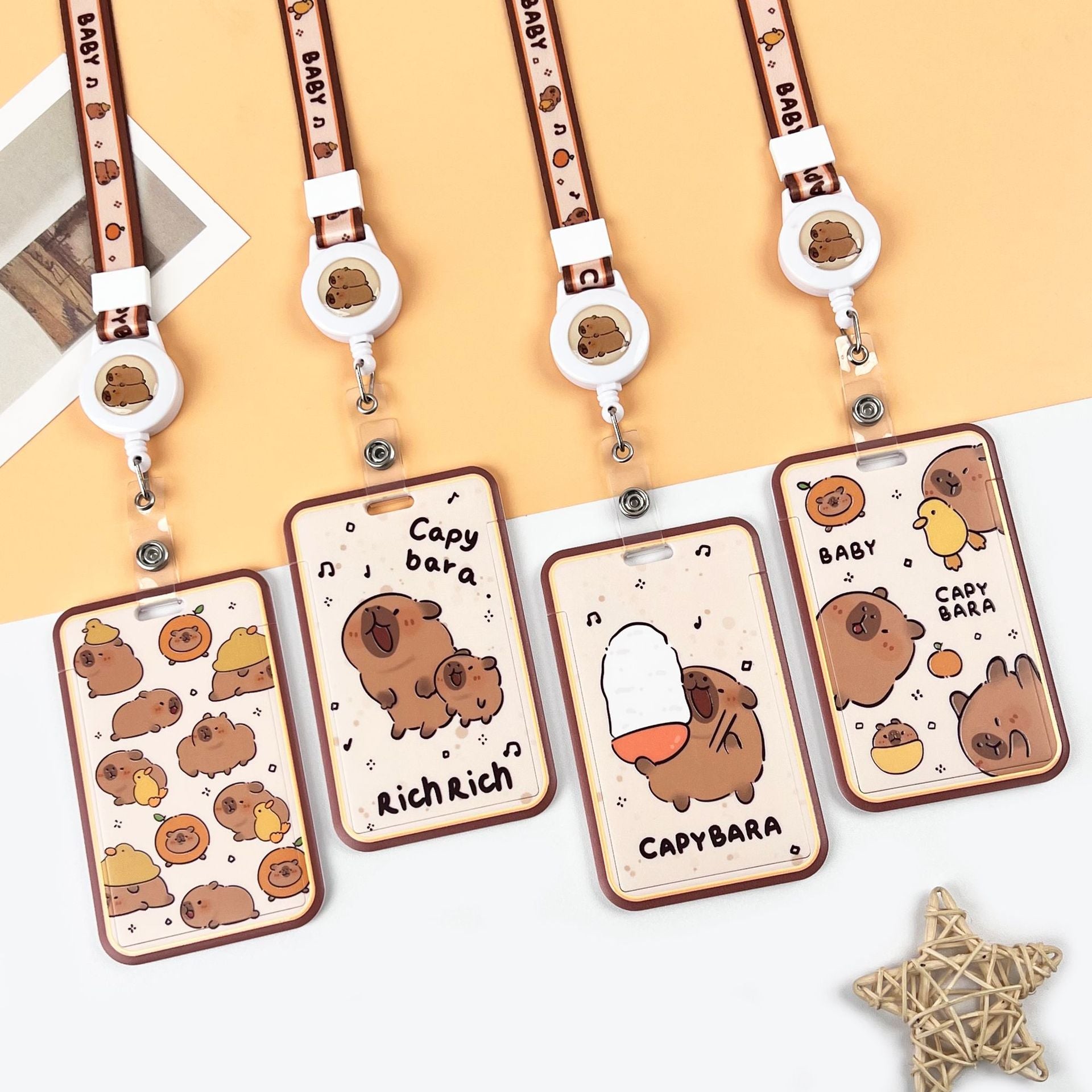 id card sleeve Capybara ID Card Badges Holder Set with Retractable Lanyard (4-Pack)