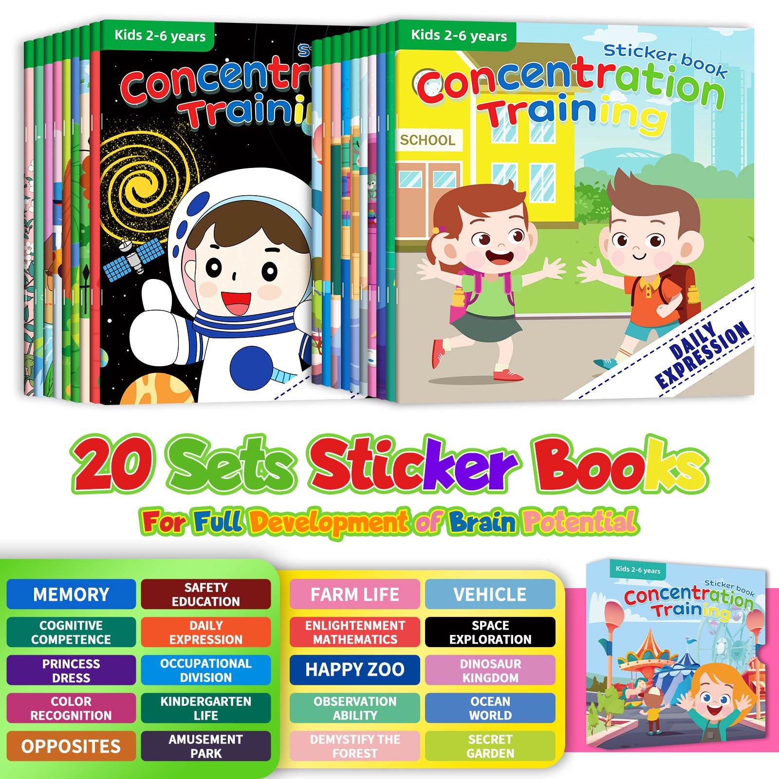 Concertration Training Sticker Books for Kids 2-6 Years 20 Pack