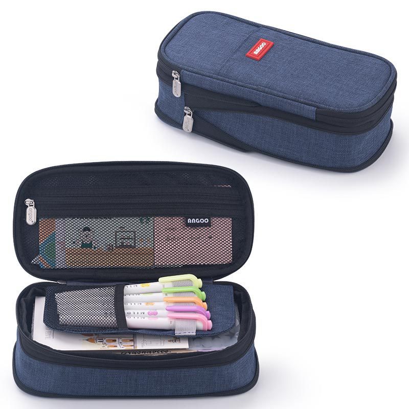 ANGOO Pencil Case Large Capacity Portable Multifunction Pen Bag Dark Blue