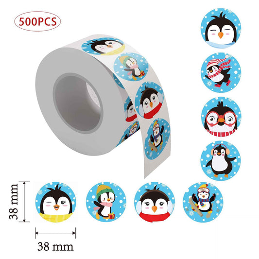 500pcs Penguin Winter Self-Adhesive Stickers Roll 1.5 Inch - TTpen