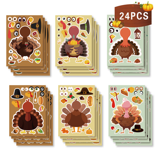 24 Sheets Thanksgiving Make A Turkey Stickers for Kids